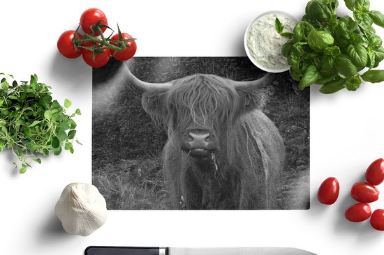 Planche à découper en Verres - Glas - Une vache Highlander écossaise en train de manger - noir et blanc - Planches à découper