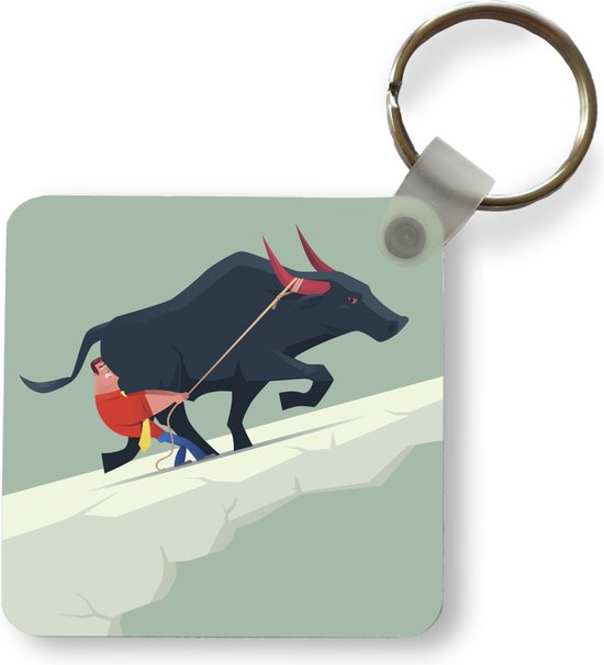 Sleutelhanger - Een illustratie van een man en een stier - Plastic - Rond - Uitdeelcadeautjes