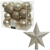 Kerstversiering kunststof kerstballen parel/champagne 6-8-10 cm pakket van 27x stuks - Met kunststof ster piek van 19 cm