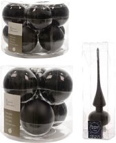 Compleet glazen kerstballen pakket zwart glans/mat 32x stuks met piek mat - 20x 6 cm - 12x 8 cm