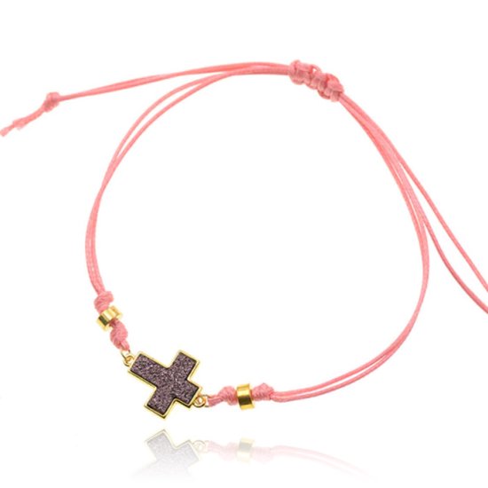 Bracelet de cheville en corde rose avec perles dorées et croix