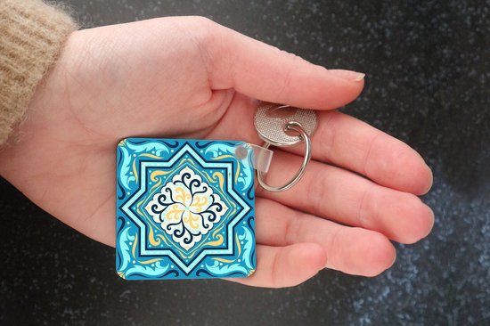 Porte-clés Motif carré 1: 1 - Motif carré avec une étoile et décorations sur fond bleu Porte-clés plastique - Porte-clés carré avec photo