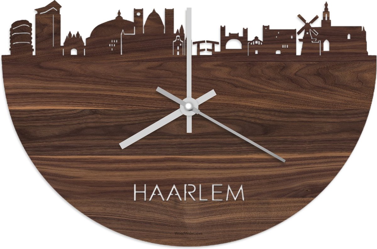Skyline Klok Haarlem Notenhout - Ø 40 cm - Stil uurwerk - Wanddecoratie - Meer steden beschikbaar - Woonkamer idee - Woondecoratie - City Art - Steden kunst - Cadeau voor hem - Cadeau voor haar - Jubileum - Trouwerij - Housewarming - WoodWideCities