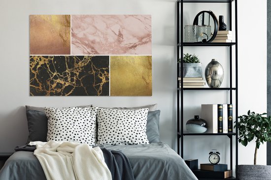 Toile Peinture Marbre - Rosé - Or - 140x90 cm - Décoration murale