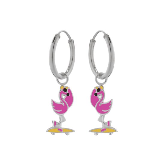 Oorbellen meisje zilver | Zilveren oorringen met hanger, flamingo op skateboard