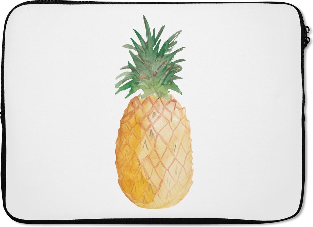 Laptophoes 14 inch - Ananas - Fruit - Wit - Laptop sleeve - Binnenmaat 33x23 cm - Zwarte achterkant