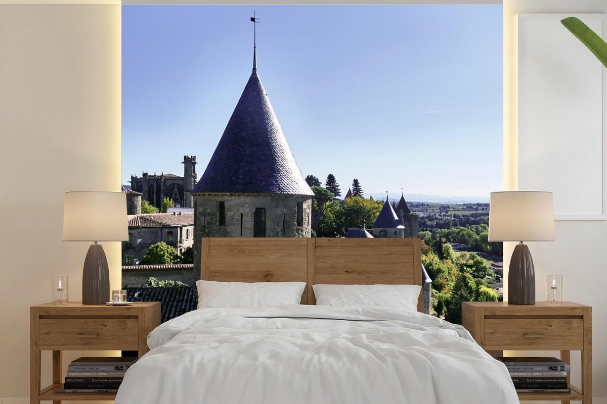 Behang - Fotobehang Carcassonne - Toren - Kasteel - Breedte 350 cm x hoogte 350 cm
