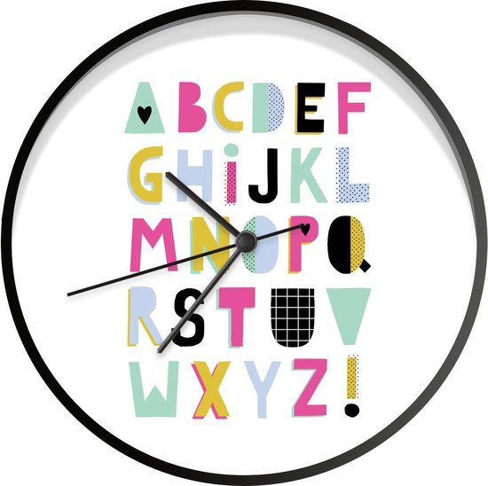 Klok - Ø 30 cm - Alfabet - Letters - Wit - Zwart - Wandklok | bol.com