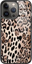 iPhone 13 Pro hoesje glass - Luipaard print bruin | Apple iPhone 13 Pro  case | Hardcase backcover zwart