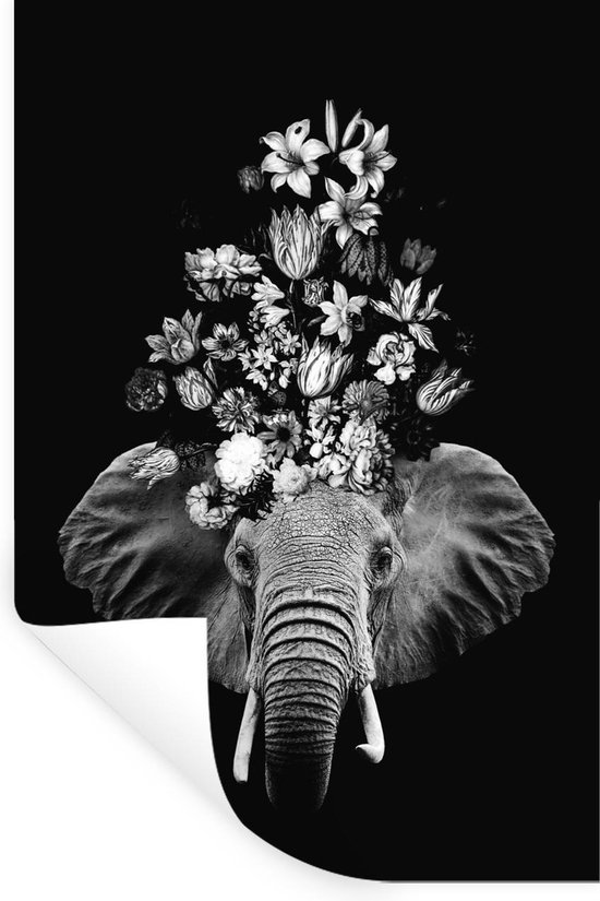 Muurstickers - Sticker Folie - Olifant met bloemen tegen zwarte achtergrond - zwart wit - 20x30 cm - Plakfolie - Muurstickers Kinderkamer - Zelfklevend Behang - Zelfklevend behangpapier - Stickerfolie