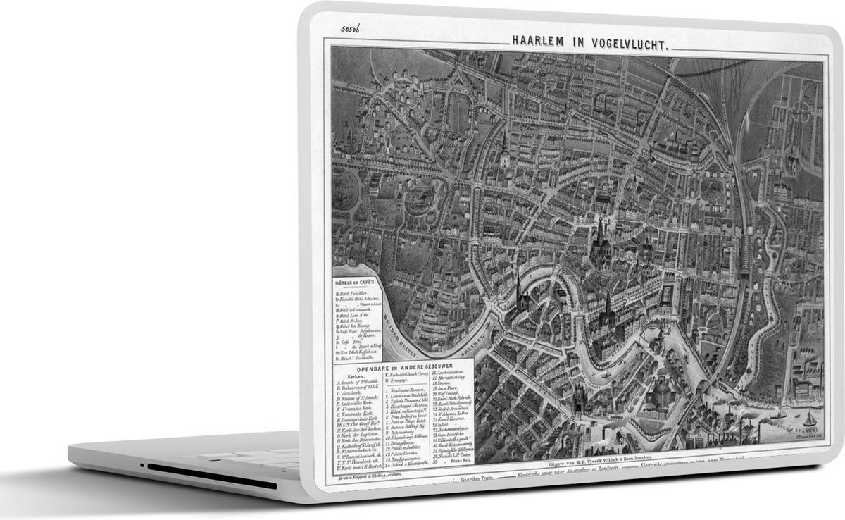 Laptop sticker - 10.1 inch - Historische stadskaart van het Noord-Hollandse Haarlem - zwart wit - 25x18cm - Laptopstickers - Laptop skin - Cover