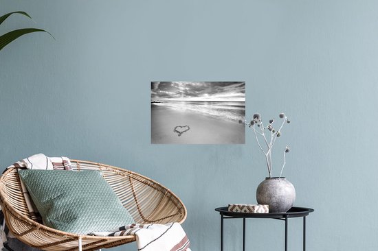 Stickers muraux - Coeur sur la plage aux Nederland -Bas - noir et blanc - 30x20 cm - Feuille adhésive