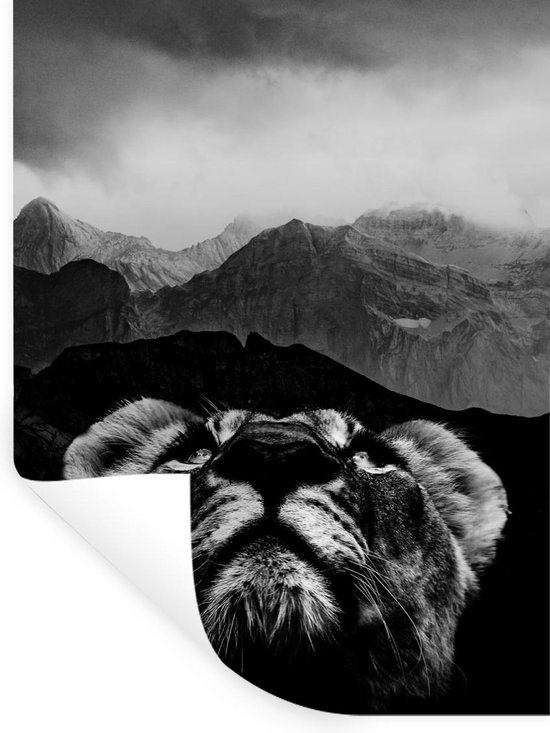 Muurstickers - Sticker Folie - Tijger kijkt omhoog met bergen op de achtergrond - zwart wit - 90x120 cm - Plakfolie - Muurstickers Kinderkamer - Zelfklevend Behang - Zelfklevend behangpapier - Stickerfolie