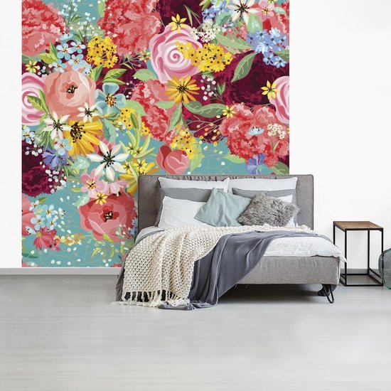 Papier peint photo peint vinyle - Une illustration de design floral coloré largeur 240 cm x hauteur 240 cm - Tirage photo sur papier peint (disponible en 7 tailles)
