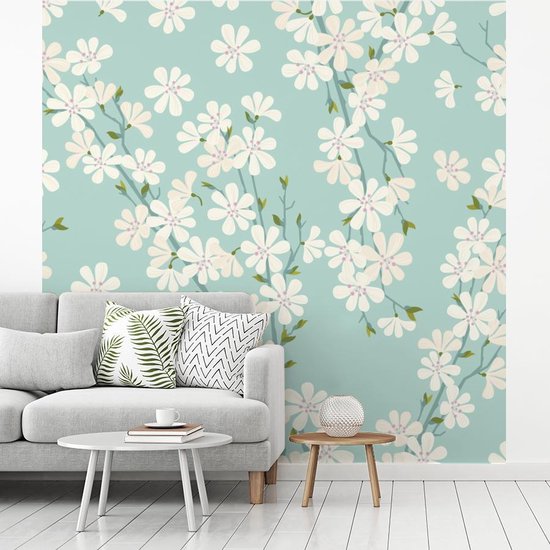 Papier peint photo vinyle - Une illustration de conception florale de fleur de cerisier largeur 240 cm x hauteur 240 cm - Tirage photo sur papier peint (disponible en 7 tailles)