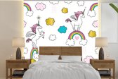 Behang meisjeskamer - Fotobehang eenhoorns op regenbogen - Meisjes - Kinderen - Kids - Breedte 240 cm x hoogte 240 cm - Kinderbehang