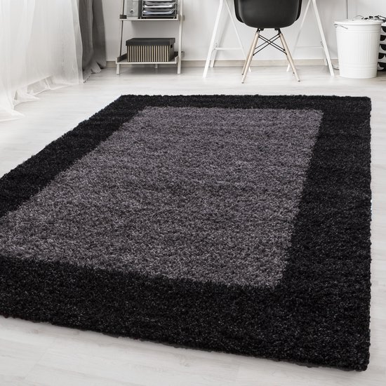 Anthraciet Tapijt Hoogpolig Vloerkleed Kader - 80x250cm- Modern - Woonkamer - Salon - Slaapkamer - Eetkamer