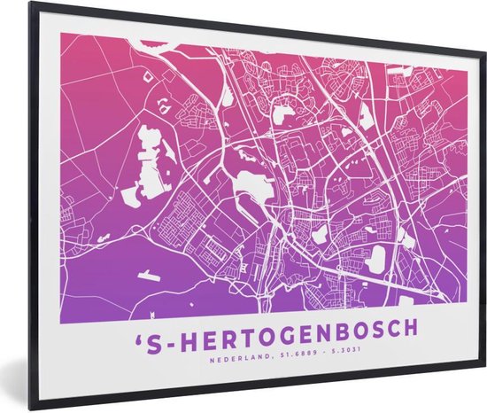 Fotolijst incl. Poster - Stadskaart - 's-Hertogenbosch - Roze - Paars - 60x40 cm - Posterlijst - Plattegrond