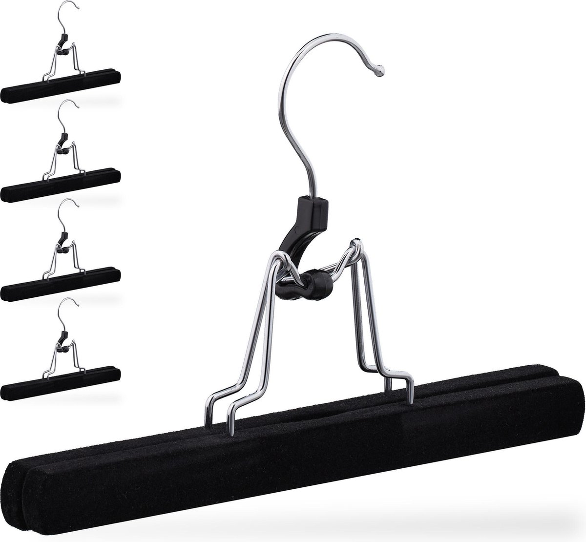 broekhanger - set van 5 - hout - antislip - klem - kleerhanger broeken - zwart