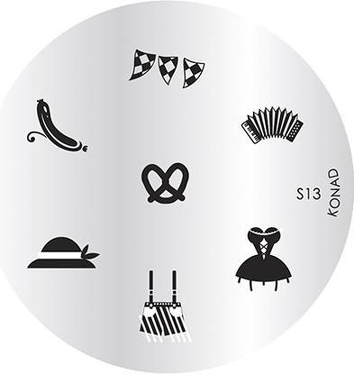 Goedkoopste KONAD stamp plate S13 met 7 nagel figuurtjes ' OKTOBERFEST ' (lederhose, pretzel, worst, accordeon...).
