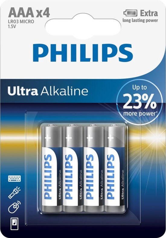 Philips AAA Ultra Alkaline batterijen verpakt met 4 stuks. Blauw, wit en geel met geleidelijke baan. Met icoontjes van toetsenbord, zaklamp en camera.