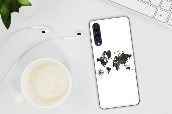 Telefoonhoesje Geschikt voor Samsung Galaxy A50 hoesje - Wereldkaart - Goud - Zwart - Windroos - Siliconen Telefoonhoesje Telefoonhoesje