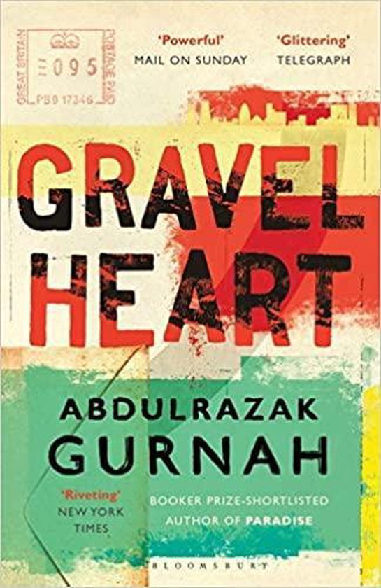 Boekomslag GRAVEL HEART van Abdulrazak Gurnah, met rode, gele en groene strepen.