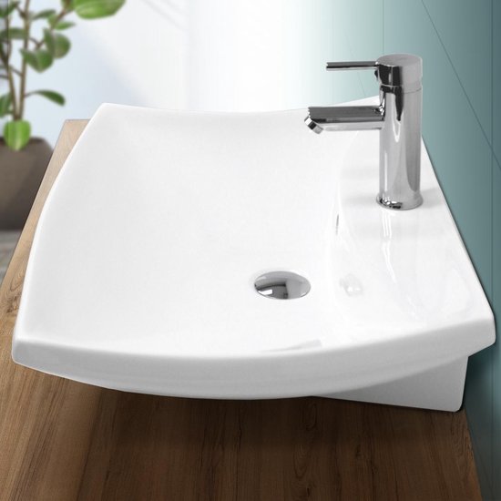 Lavabo de forme angulaire, blanc, céramique - avec garniture de vidage avec trop-plein
