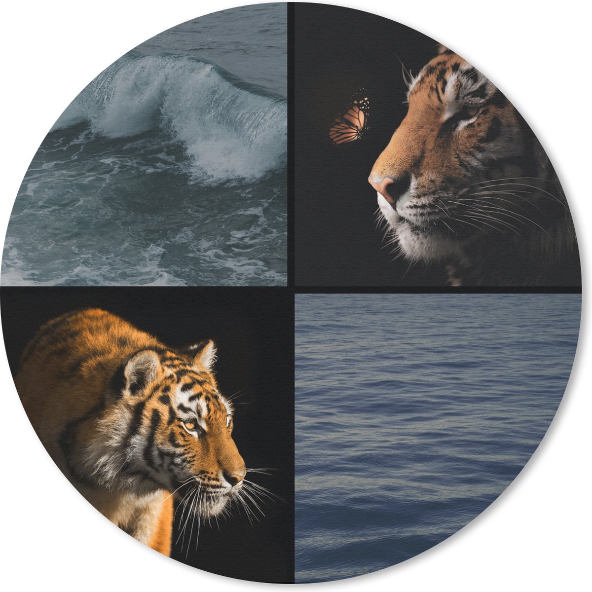 Muismat rond 30x30 cm - Mousepad Collage - Tijger - Vlinder - Zee - Ronde muismatten