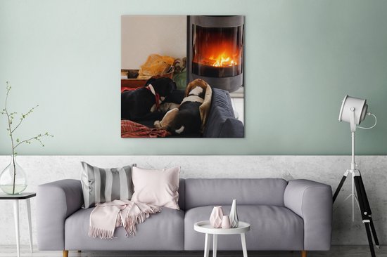 Tableau sur toile Chiens regardant une cheminée - 90x90 cm - Décoration murale