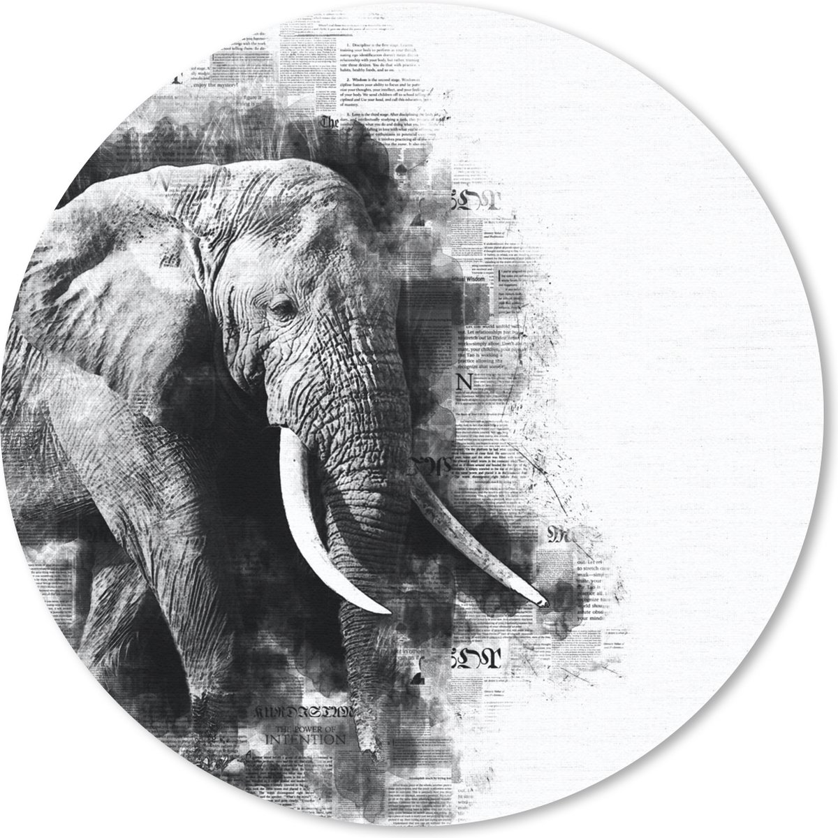 Muismat rond 20x20 cm - Mousepad Olifant - Krant - Verf - Zwart -Wit - Ronde muismatten