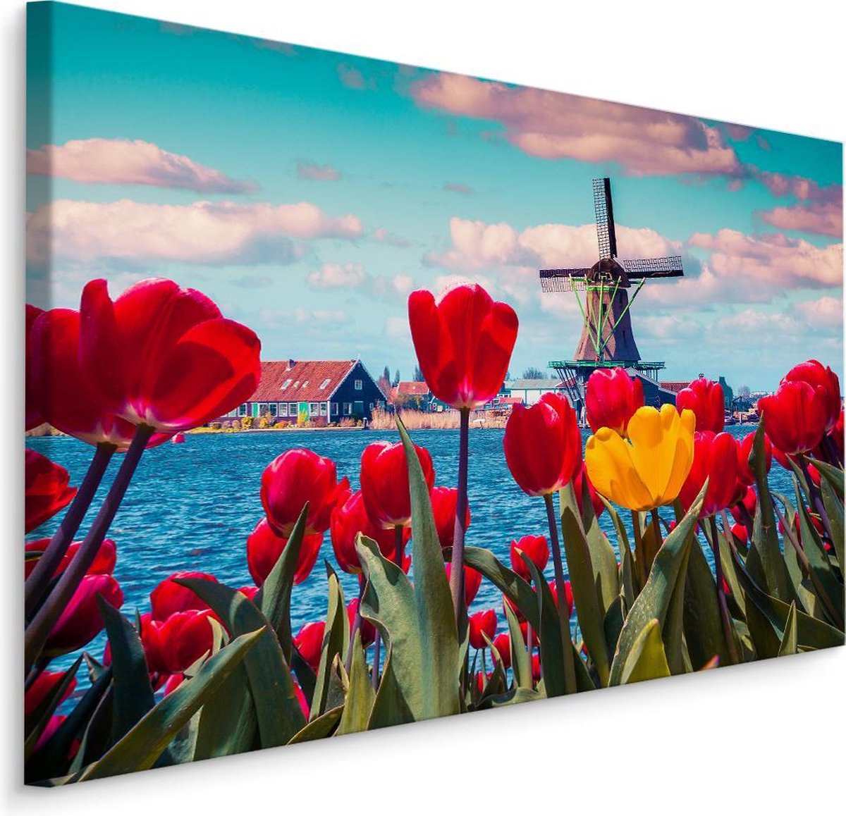 karo-art Schilderij - Hollandse tulpen en molens, multi-gekleurd, 4 maten, wanddecoratie Multikleur