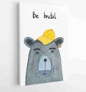 Canvas schilderij - Watercolor cute bear with a cap and a pierced ear with inscription be brutal. Card mammal design perfect for holiday and birthday. Isolated illustration -  Prod
