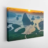 Canvas schilderij - Aerial view Phang Nga bay at sunrise with mangrove tree forest and hills in the Andaman sea, Ecosystem and healthy environment concepts and background, Thailand