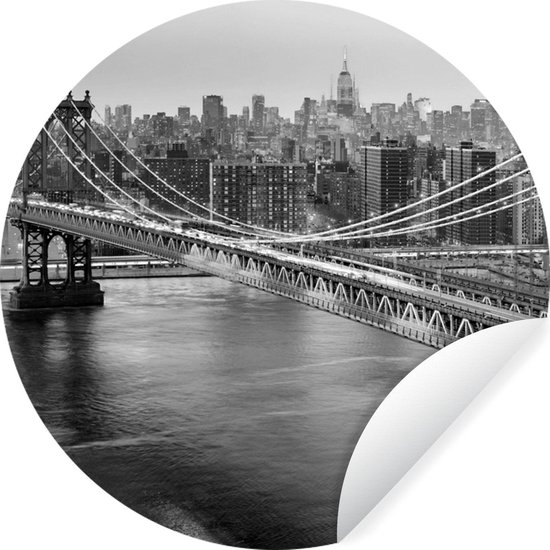 WallCircle - Muurstickers - Behangcirkel - De Brooklyn Bridge bij zonsondergang - zwart wit - 80x80 cm - Muurcirkel - Zelfklevend - Ronde Behangsticker