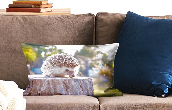 Sierkussen Hérisson pour l'intérieur - Hérisson sur un tronc d'arbre - 50x30 cm - Coussin intérieur rectangulaire en coton