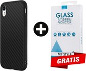 Backcase Carbon Hoesje iPhone XR Zwart - Gratis Screen Protector - Telefoonhoesje - Smartphonehoesje