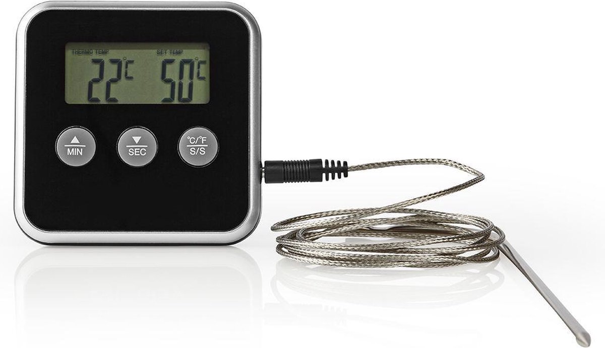 Nedis Vleesthermometer | Alarm / Timer | LCD-Scherm | 0 - 250 °C | Zilver / Zwart