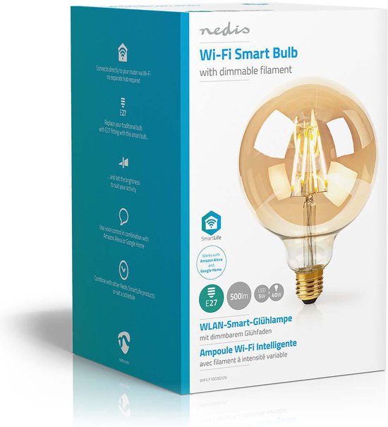 Verpakking van Nedis Wi-Fi Smart Bulb met E27 fitting, 5W, 500lm, met amberkleurig glas en dimbare filament.