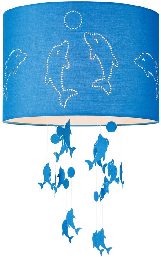 Home Sweet Home Abat-jour Kids Dolphins - cylindre - en coton - Blue - Abat-jour en tissu Moderne - 30/30/20cm, douille E27 - pour suspension luminaire - testé RoHS