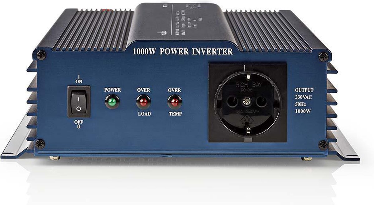 Inverter Pure Sinusgolf | Ingangsvoltage: 24 V DC | Apparaat stroomoutput: 1 | 230 V AC 50 Hz | 1000 W | Piekvermogen: 2000 W | Type stopcontact: F (CEE 7/3) | Screw Terminal | Rendement: 85 % | Zuivere sinusgolf | Zekering | Blauw