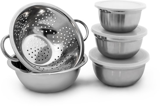 relaxdays schalenset roestvrij staal met deksel, vergiet, slakom, schalen kommen