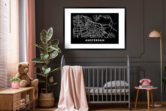 Cadre photo avec affiche - Amsterdam - Carte - Zwart - 120x80 cm - Cadre pour affiche