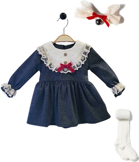 alisé Baby winter jurk meisjes met plooien en kanten inzetstuk, maillot & haarband Blauw 68