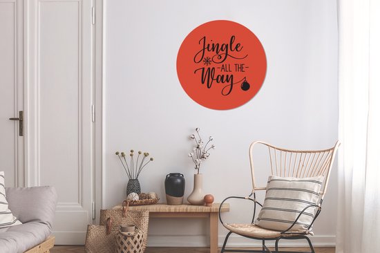 Citation de Noël Jingle tout le chemin sur un fond rouge Sticker papier peint cercle mural - 50x50 cm - peinture ronde - cercle de papier peint - cercle mural - cercle vivant - autocollant et coupe ronde