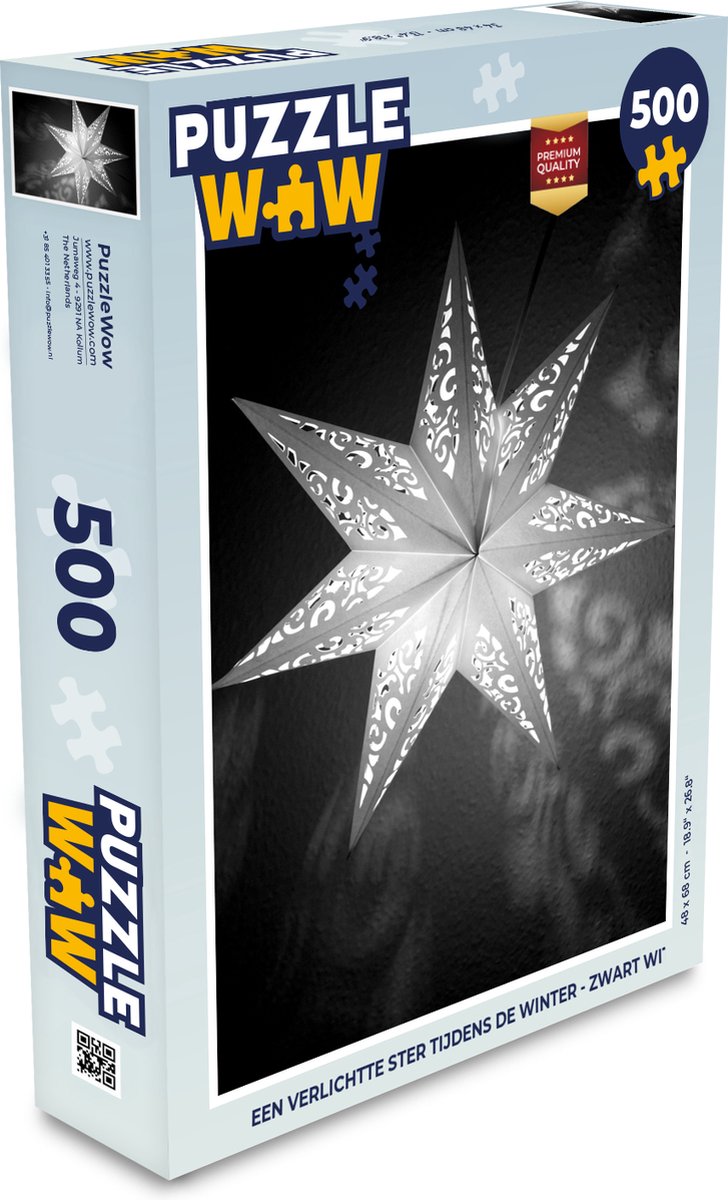 Puzzel - 500 stukjes - Een verlichtte ster tijdens de winter - zwart wit - Kerst Puzzel - Christmas Puzzel