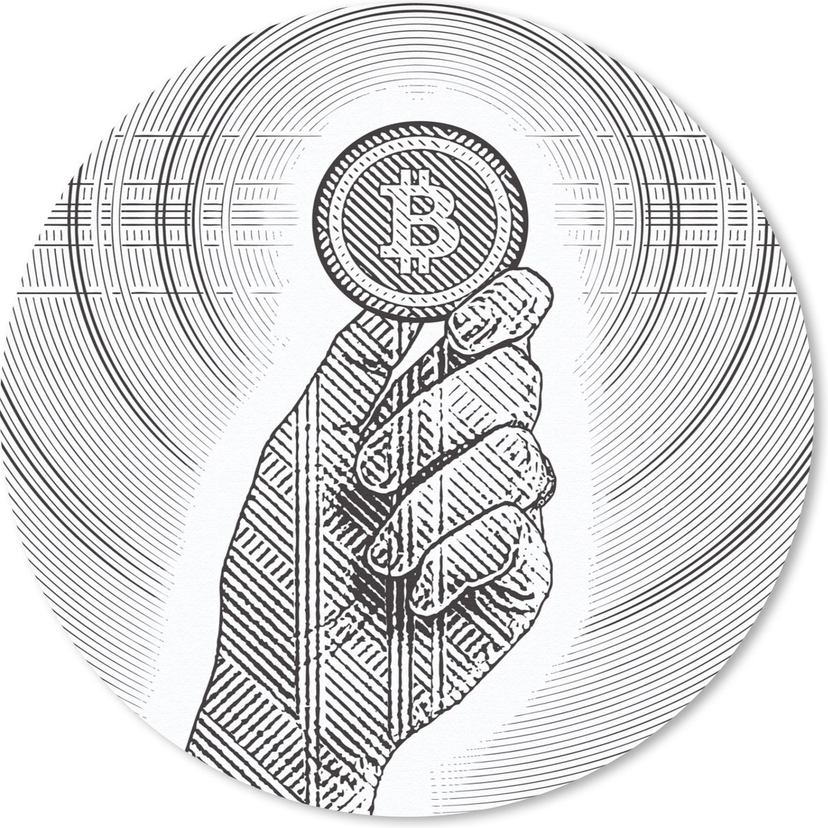 Muismat rond 50x50 cm - Mousepad Gravure illustratie van een hand met een bitcoin - Ronde muismatten