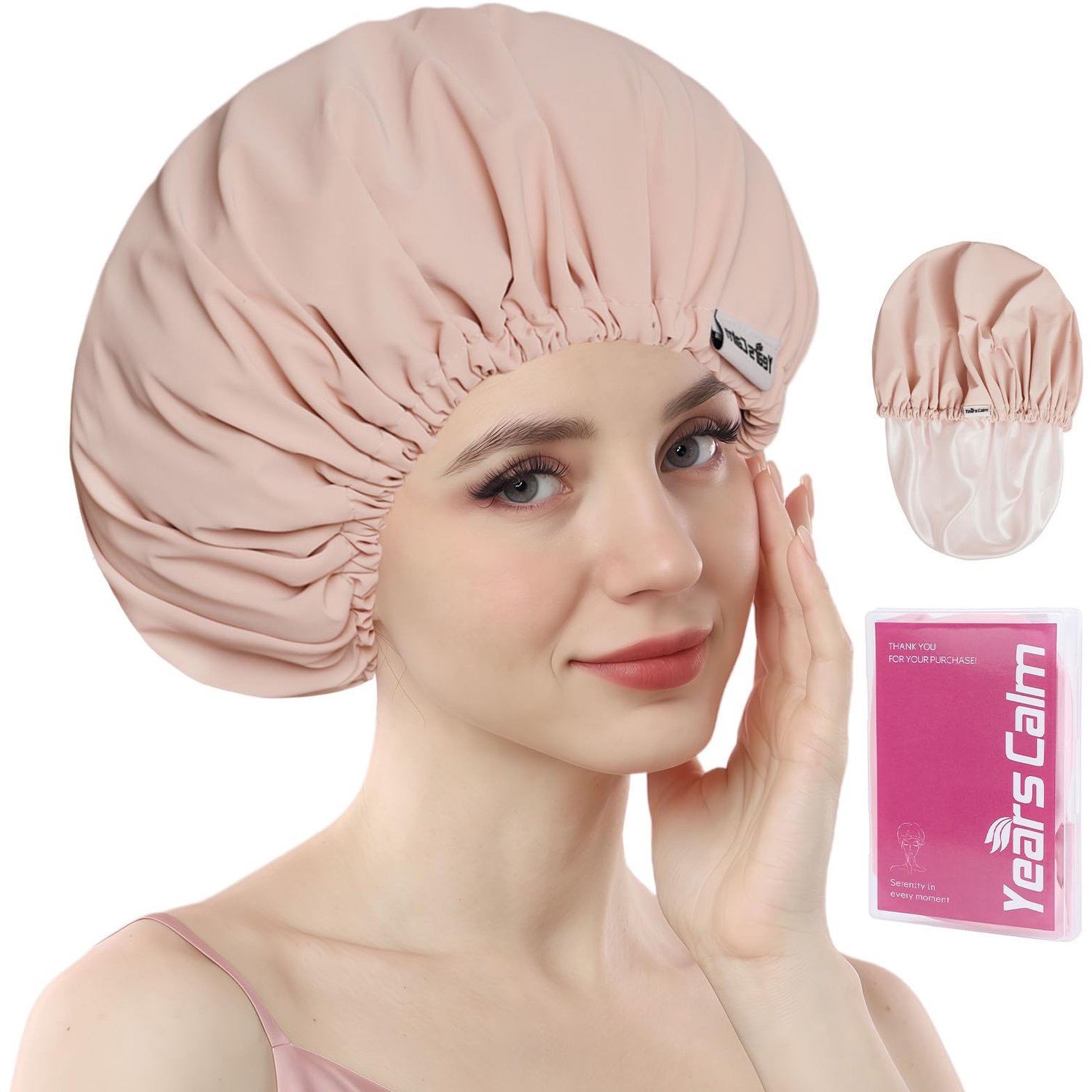 Years calm Douchemuts, herbruikbaar, waterdicht, dubbellaags haarmuts, met elastiek, ideaal voor douche, spa, reizen en schoonmaken (lichtroze, eenhei
