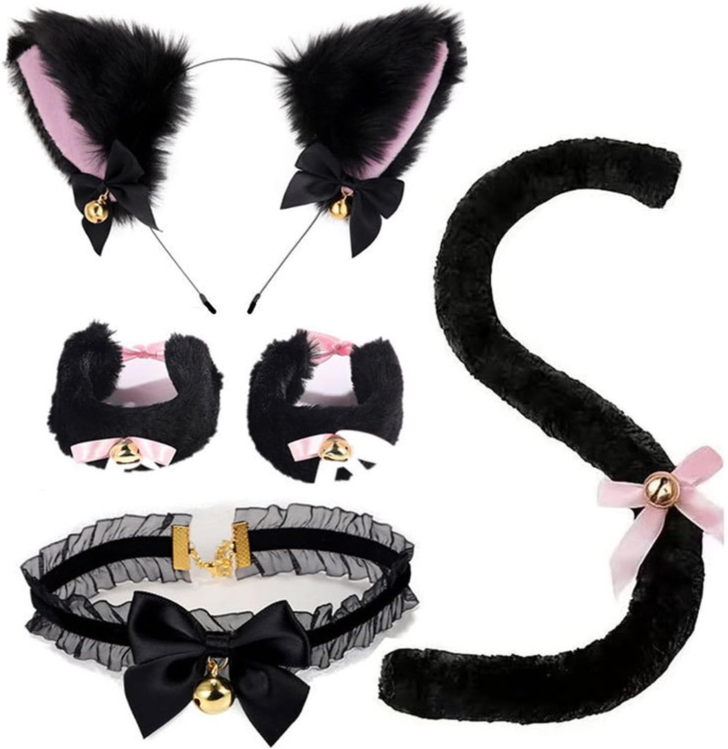 5-delige Kat Cosplay Kostuum Set - Zwarte Kat Oren Hoofdband met Bel, Verstelbare Staart en Handboeien voor Vrouwen en Meisjes, Perfect voor Feestjes, Halloween en Kerst Accessoires