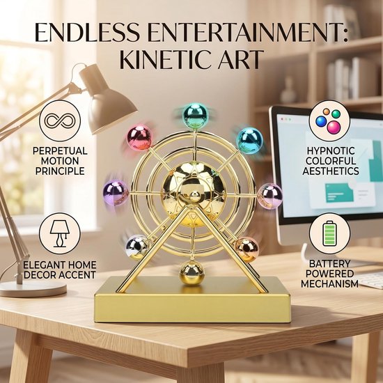 Lyrlody Perpetual Motion Windmolen, ABS Kinetisch Kunstwerk met Draaiende Balansballen, Werkt op Batterijen 21 X 9 X 24 Cm, Thuiskantoor Bureau Decor voor Volwassenen en Decoratiedisplay — afbeelding 5
